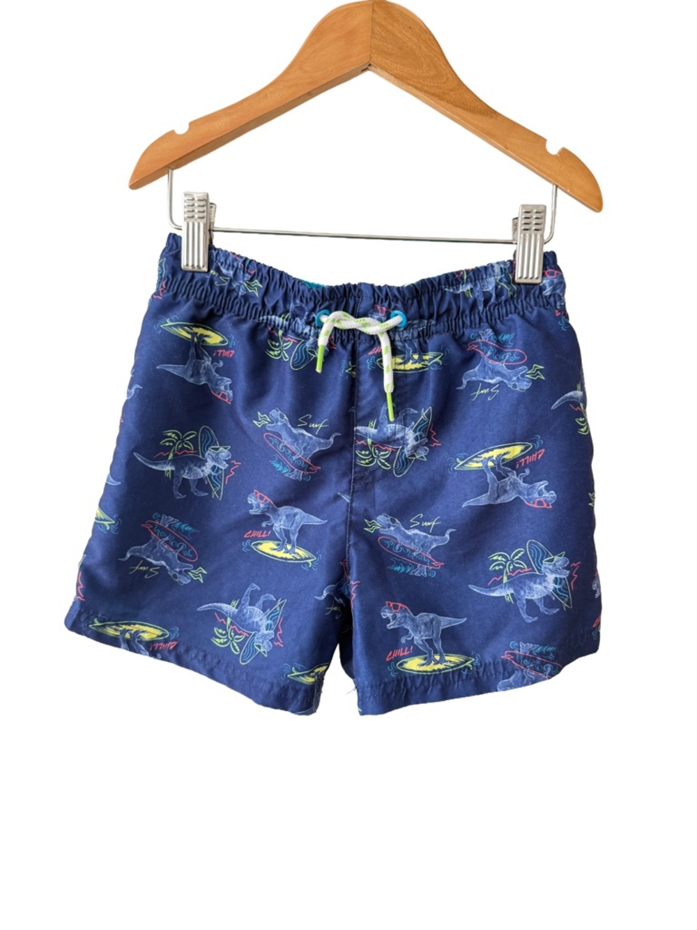 Navy Boys' Swim Shorts with Surfing Dino Print